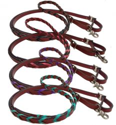 Showman 8ft leather braided rein with colored lacing